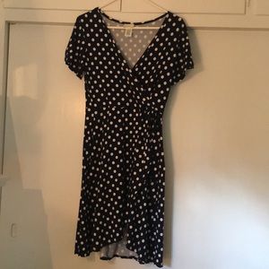 Blue and white polka dot wrap around dress